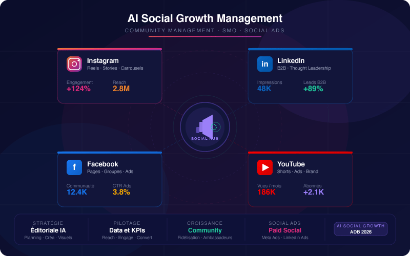 AI Social Growth Management (SMO) Instagram, LinkedIn, Facebook, YouTube